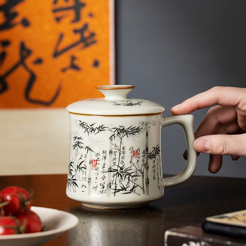 Cốc trà tre mực Ru Kiln cốc nước gốm có nắp cốc cốc cốc uống trà văn phòng cao cấp chuyên dụng cá nhân