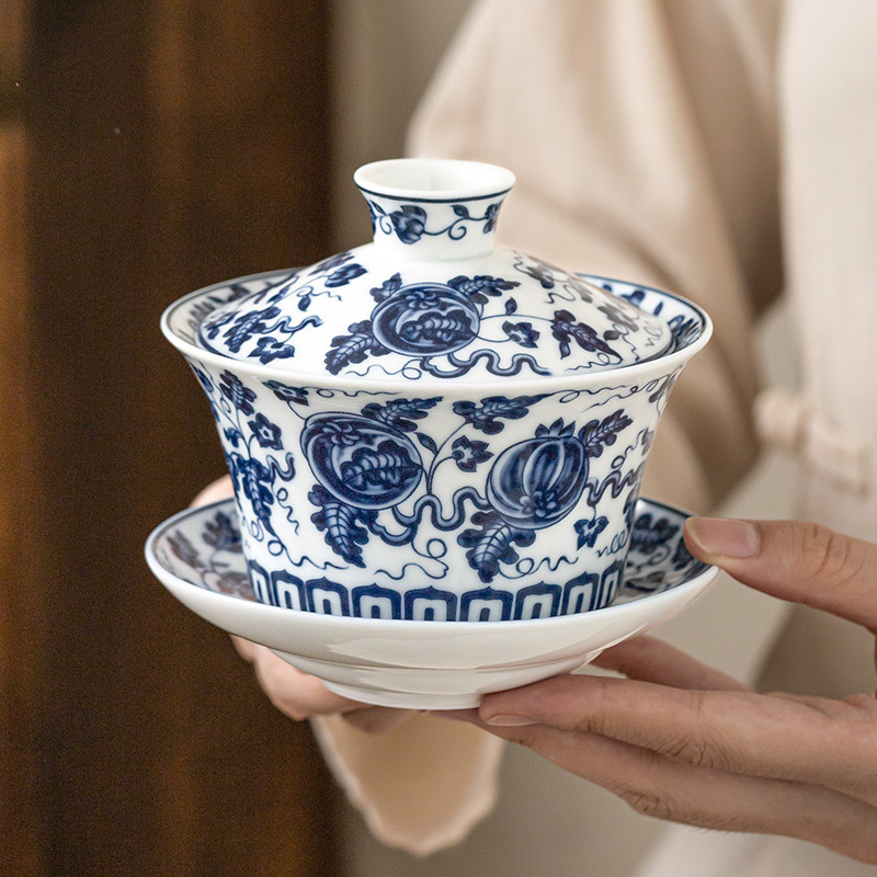 Bát có nắp gốm trắng xanh Bộ trà Kung Fu màu xanh lá cây bóng lớn đơn bát pha trà cổ điển cốc trà tôn trọng bát ba tài chống bỏng