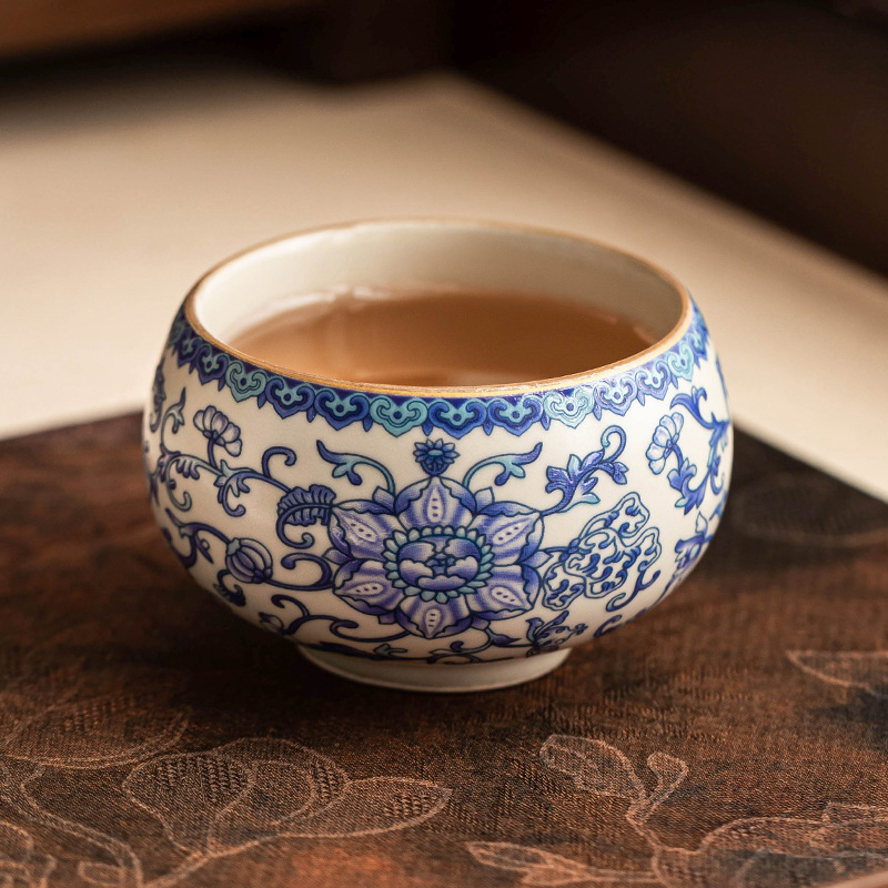 Cốc trà gốm sứ Ruyao cốc chủ nhân cốc trà uống trà gia dụng bộ trà hoa sen xanh trắng bộ trà Trung Quốc cốc La Hán