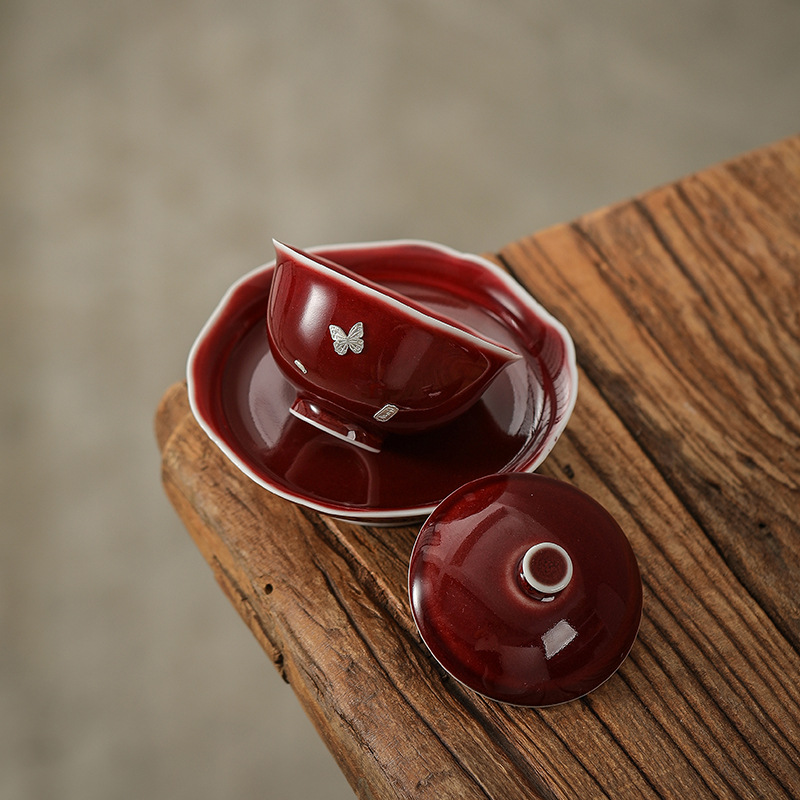 Bộ gaiwan ba tài màu đỏ dát bạc, bộ trà kung fu tua rua không nóng, bát trà, quà cưới, bát trà cao cấp
