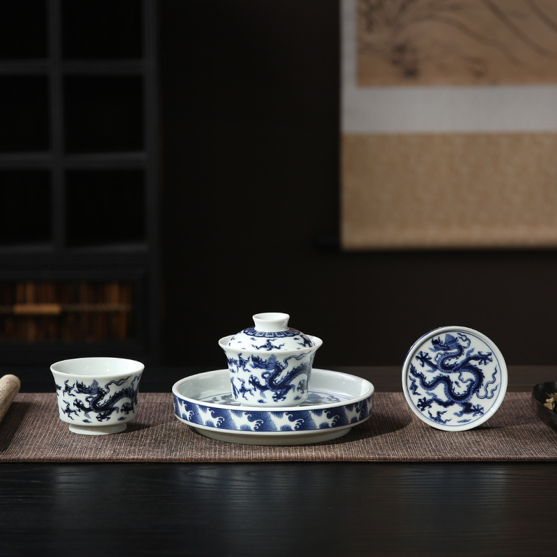 Bộ bát có nắp trà sứ trắng xanh Jingdezhen Bộ trà Kung Fu tách trà cá nhân cốc chủ nhân một người uống