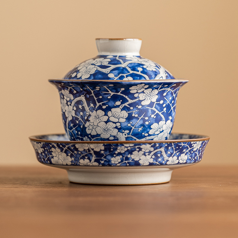 Bát trà có nắp Yuanbao màu xanh và trắng bằng mận đá Ruyao Bát trà đơn cao cấp Bát trà ba tài năng Kung Fu cỡ lớn không bị nóng tay