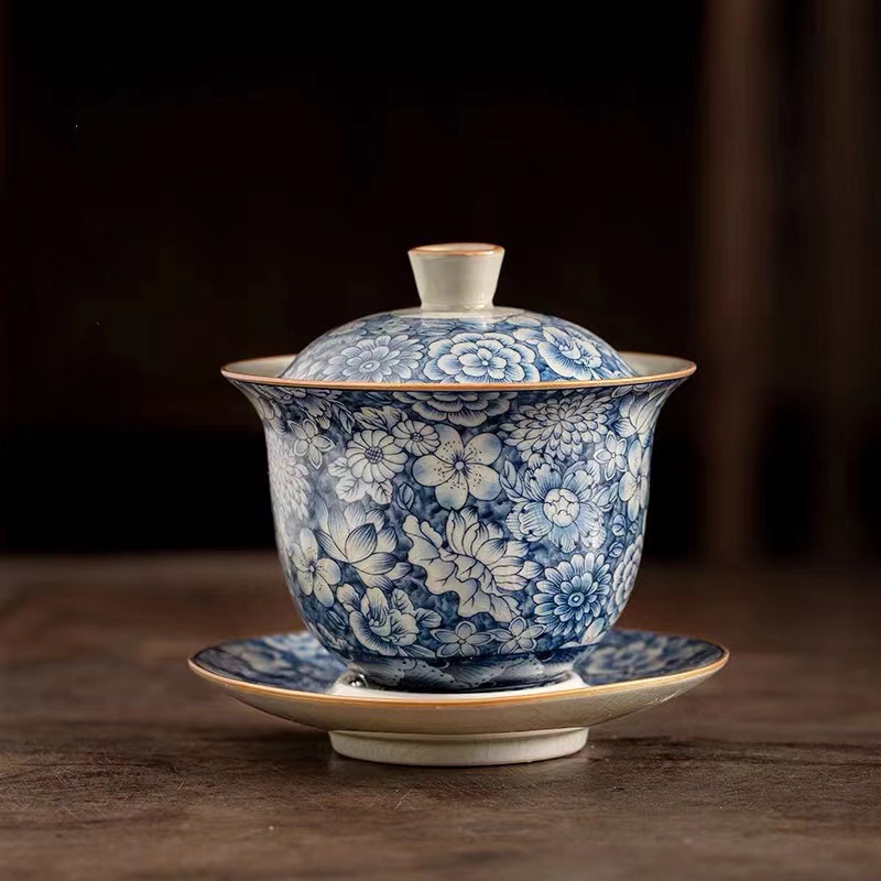 Bát có mũ xanh và trắng Jingdezhen bát có nắp Ba tài cao cấp cốc trà gốm sứ gia dụng Đơn Lớn Bát pha trà
