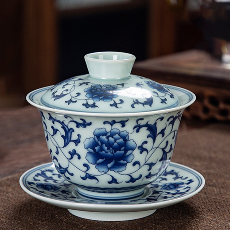 Cốc trà có nắp ba màu xanh và trắng Bộ trà mới 2024 gốm sứ cao cấp đơn không nóng bát pha trà di chuột xoay