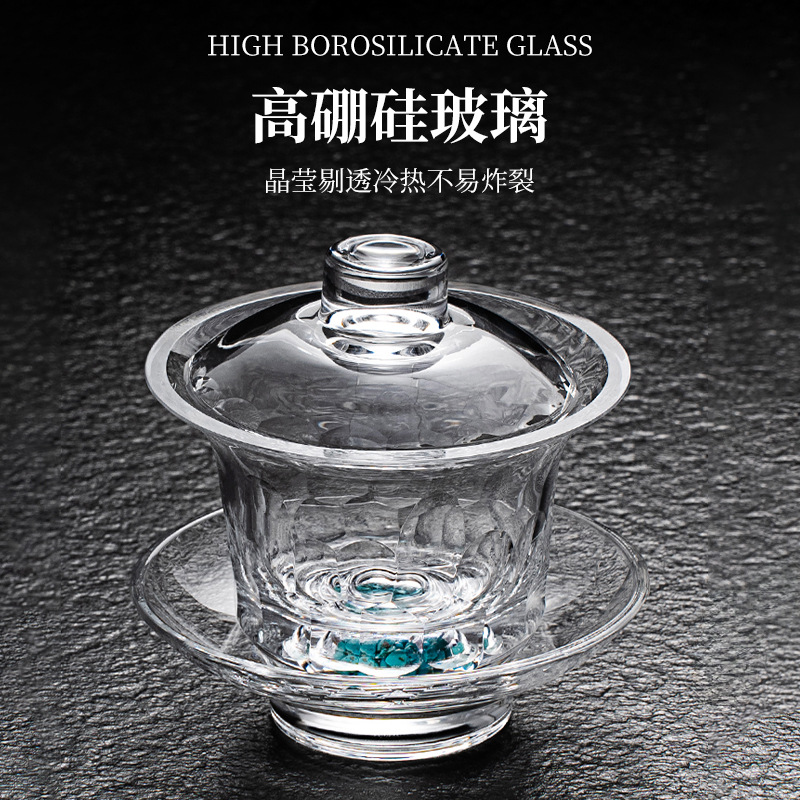 Bát nắp tam tài lá vàng dung tích lớn phong cách Trung Quốc thủy tinh chịu nhiệt màu ngọc lam dày cao cấp bát trà