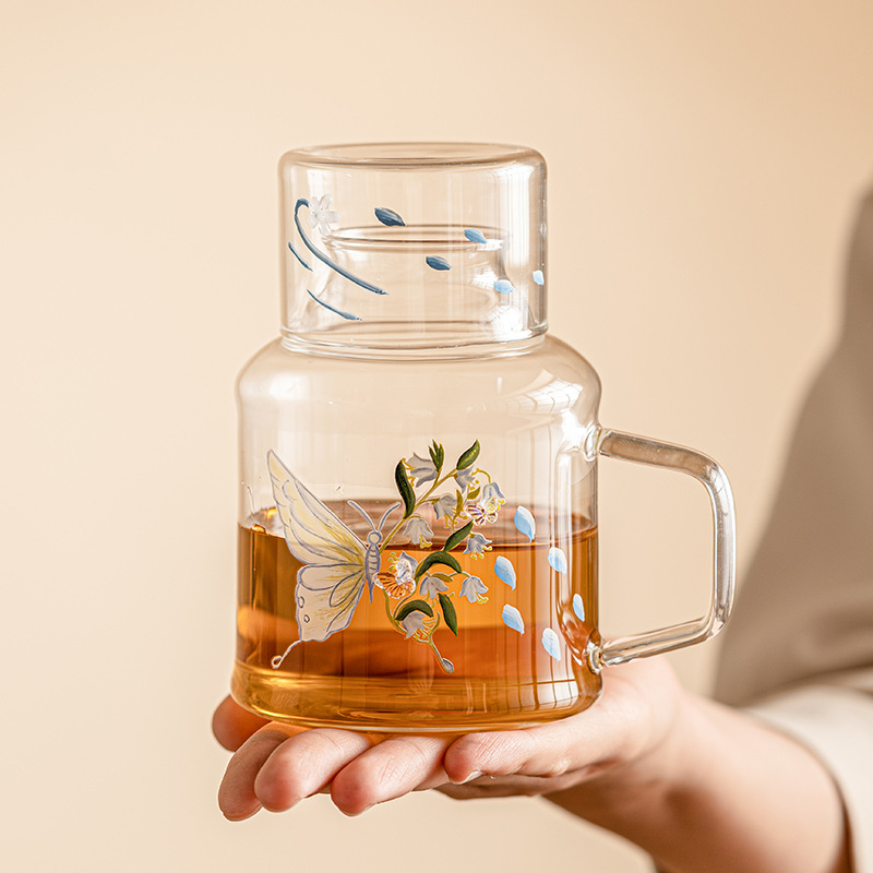 Ấm đun nước lạnh hoa bướm ấm trà lạnh thủy tinh chịu nhiệt cao ấm trà trái cây đồ uống dung tích lớn bộ ấm trà hoa có giá trị cao