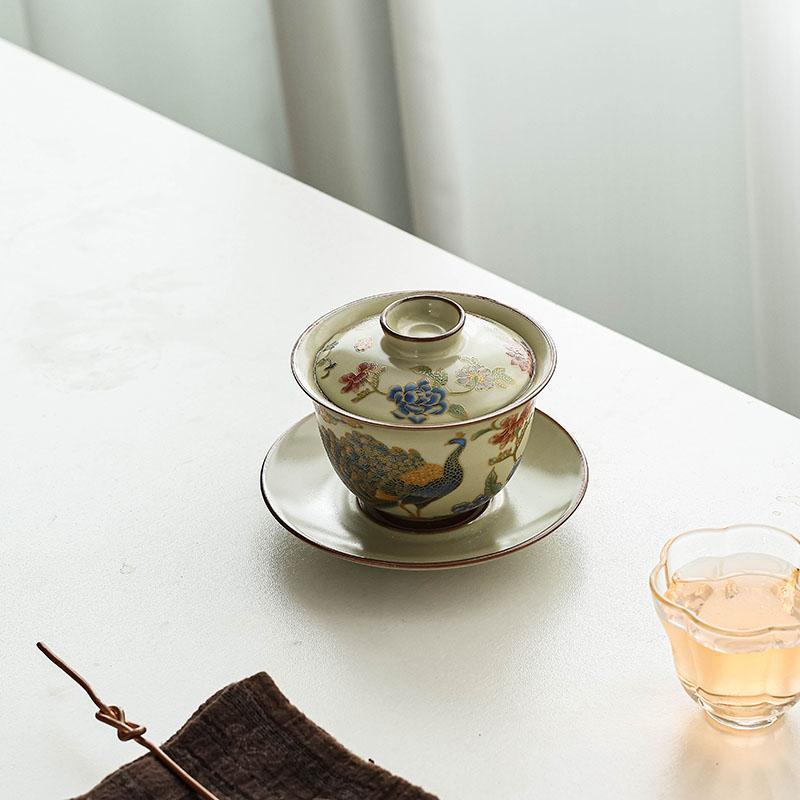 Năm lò nung nổi tiếng, lò Ru, bát có nắp ba tài, bát có nắp ba tài, bát có nắp cao cấp kiểu Trung Quốc có thể di chuột và xoay