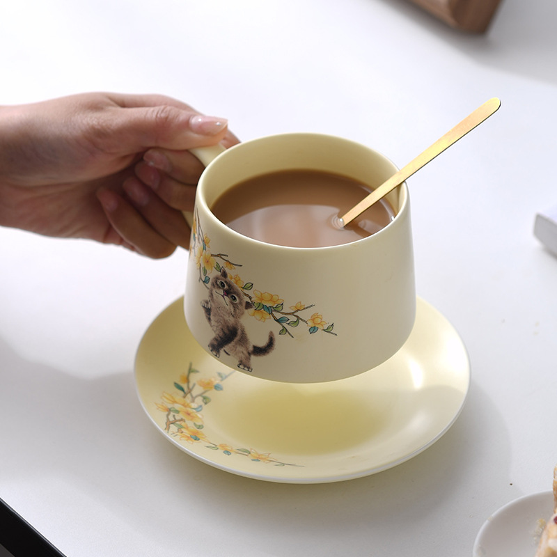 Cốc cà phê gốm sứ mèo dễ thương vẽ tay cốc nước chuyên dụng cá nhân gia dụng văn phòng cốc cốc trà chiều bộ đĩa