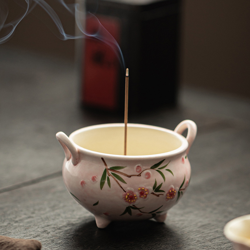 Lư hương hoa đào vẽ tay lư hương gốm sứ trong nhà gia dụng lư hương đàn hương trầm hương đế chỉ đồ trang trí lư hương phụ kiện trà đạo