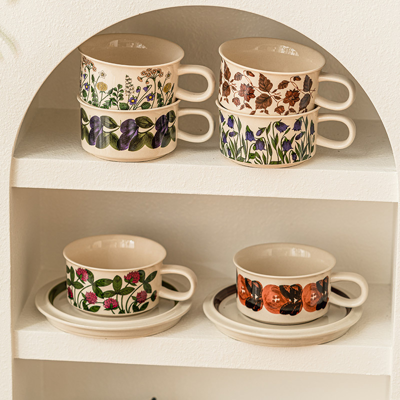 Cốc cà phê gốm sứ vẽ tay Thời Trung Cổ Bộ cốc và đĩa uống nước gia dụng tinh tế cao cấp Cốc Cốc Cốc Ăn Sáng có đĩa