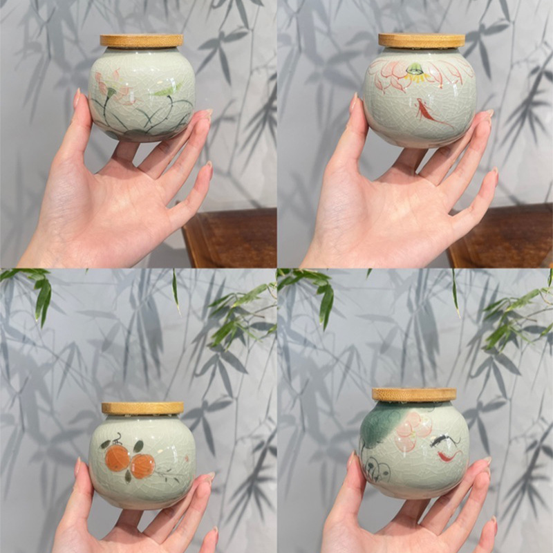 Jingzhe vẽ tay hoa sen nhỏ niêm phong bình trà men nứt băng bình bảo quản trà kiểu Trung Quốc mở nắp trúc ngăn trà chống ẩm