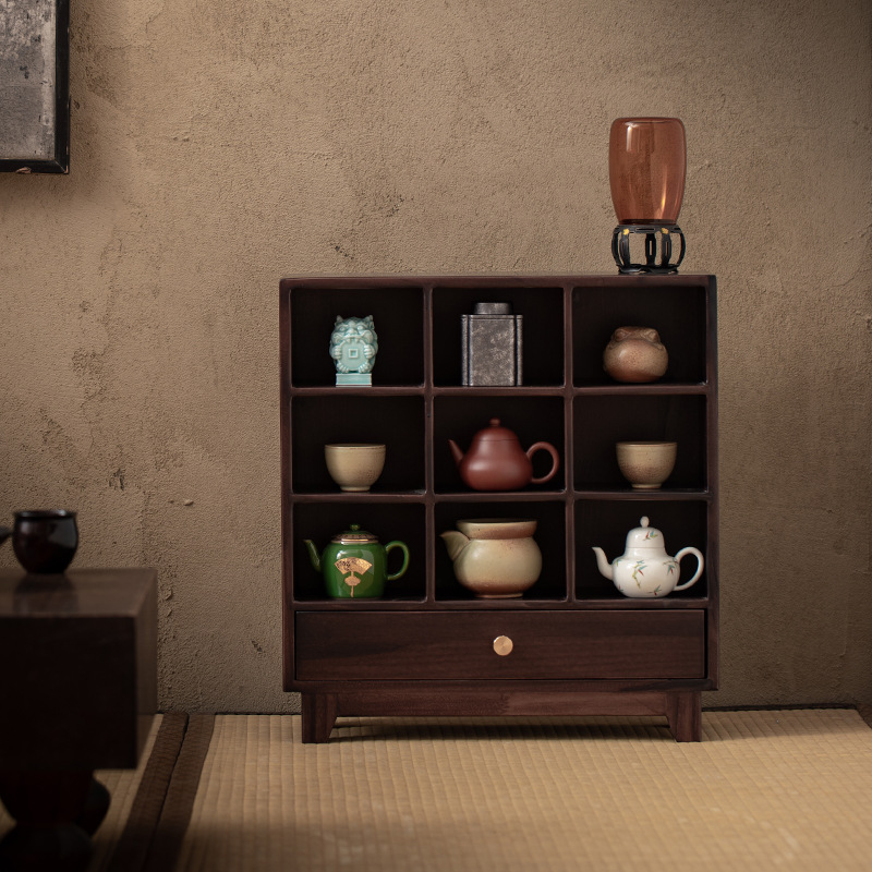 Máy tính để bàn bằng gỗ nguyên khối kiểu Trung Quốc, hộp đựng đồ đựng cốc trà, giá đựng trà Bogu, tủ trưng bày gỗ óc chó đen treo tường