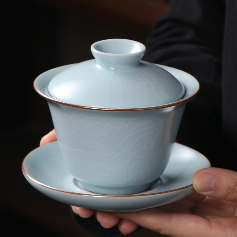 Ruyao Sancai có nắp, chén trà, bát trà đơn có nắp, không nóng, mở lát có thể nâng cao bát pha trà Kung Fu, bát trà Sancai