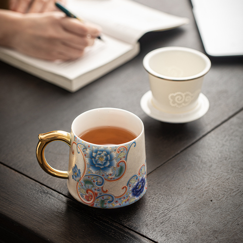 Cốc pha trà men bạc cloisonné cao cấp cốc pha trà gốm sứ chuyên dụng cá nhân tách trà có nắp lọc cốc văn phòng