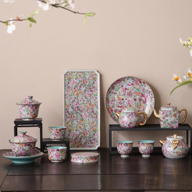 Hoa nở Cảnh Đức Trấn Men Ấm Trà Bộ Trà Gốm Cao Cấp Ánh Sáng Sang Trọng Ấm Trà Hộp Quà Tặng