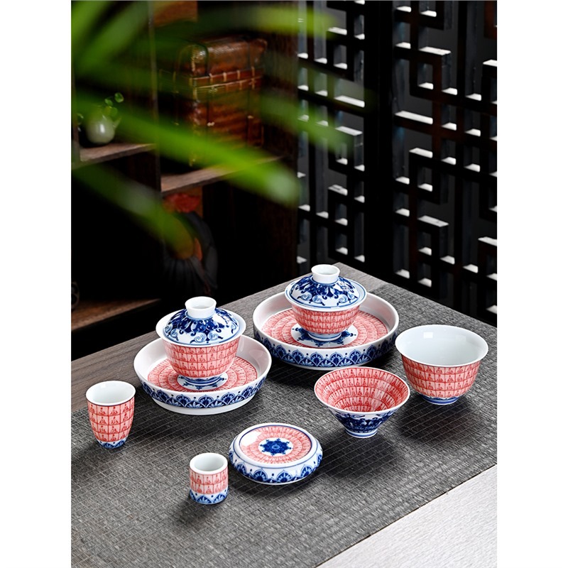 Bộ trà gốm sứ Đôn Hoàng màu xanh và trắng Jingdezhen Đôn Hoàng Ngàn Phật Bộ trà Kung Fu Bát trà thủy triều quốc gia dưới men màu