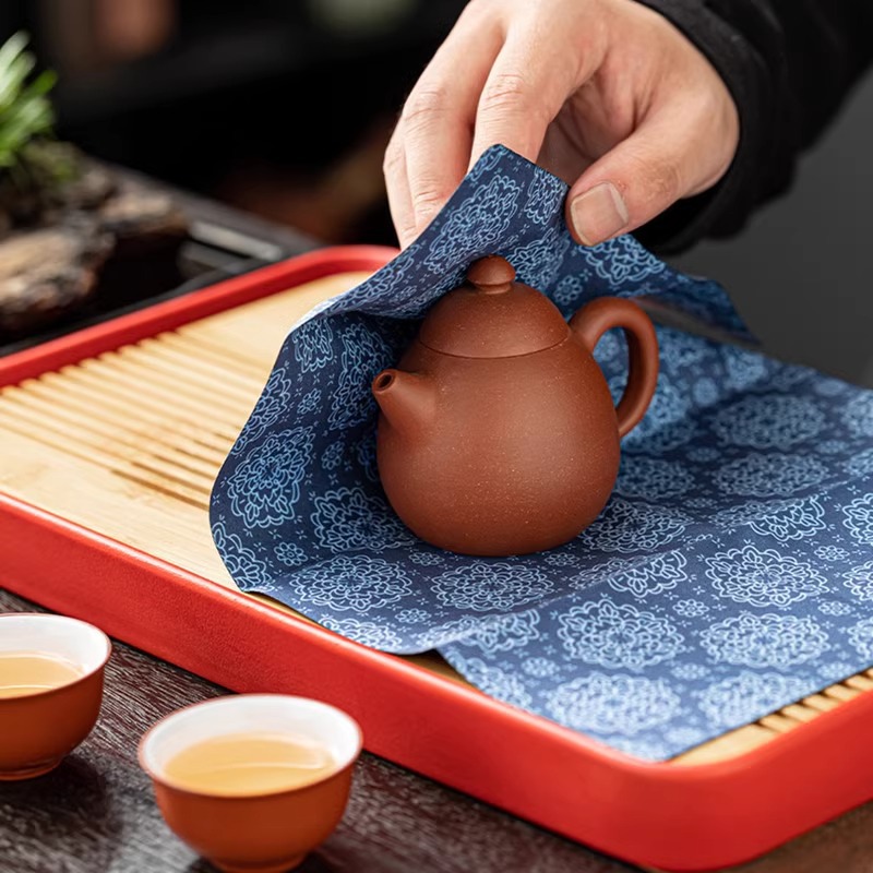 Bộ trà Tang Tuanhua cotton lanh in hoa khăn trà thấm nước khăn trải bàn hai lớp mỏng nhẹ khăn lau phụ kiện trà đạo Kung Fu