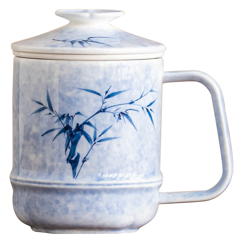 Vẽ tay nhuộm mực trà phong lan trà tre tách nắp treo cốc nước văn phòng cốc nước thanh lịch có nắp cốc pha trà kiểu Trung Quốc