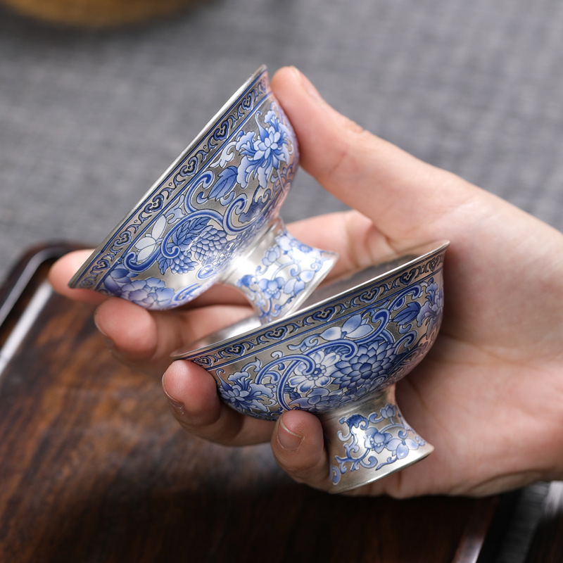 Cốc trà 999 màu xanh và trắng cổ điển mới cốc trà bạc mạ gốm sứ gia dụng đơn tách trà bộ trà Kung Fu cốc trà