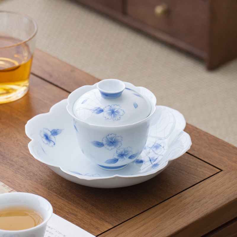 Bát có nắp vẽ tay tráng men, bát trà gốm thủ công, cốc trà, bộ trà Kung Fu sứ trắng, bát pha trà chuyên dụng cho nữ