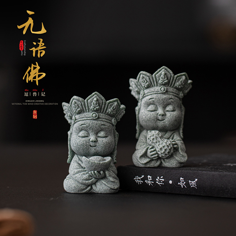 Đá sa thạch xanh im lặng Phật trà thú cưng đồ trang trí để bàn trang trí Thiền Trung Quốc phụ kiện trang trí nội thất thủ công bộ trà phụ kiện