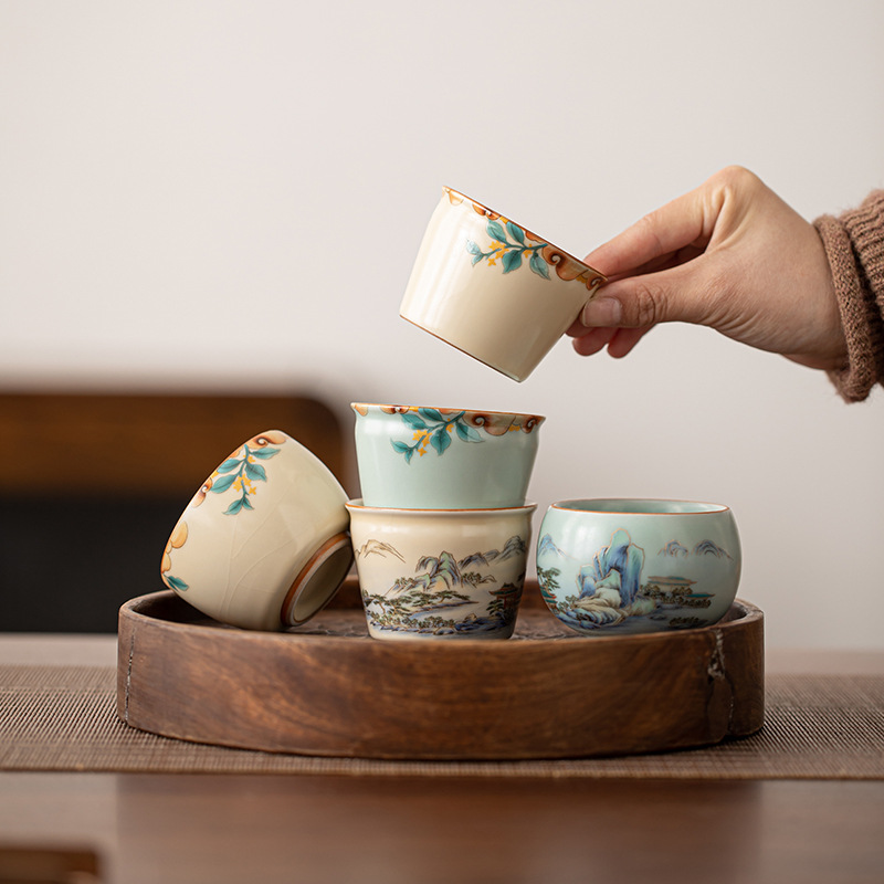 Cốc uống trà Ru kiln màu be lá Bồ Đề, cốc đơn dùng cho văn phòng, gia đình, cá nhân, quà tặng.