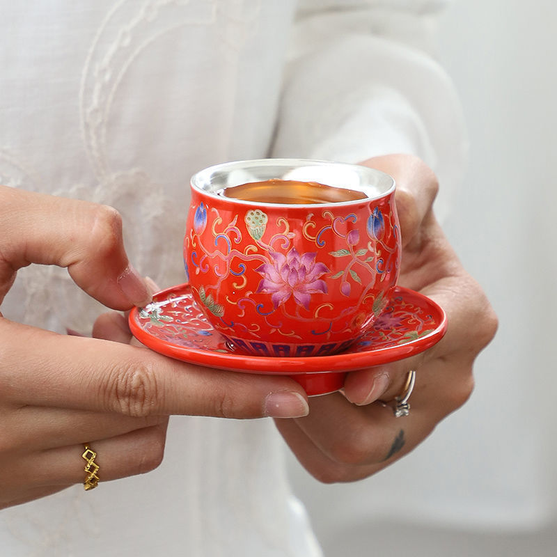 Cốc bạc có đế lót ly 999 cốc trà mạ bạc thủ công bằng bạc nguyên chất men màu Kung Fu tách trà bát trà cốc chủ nhân