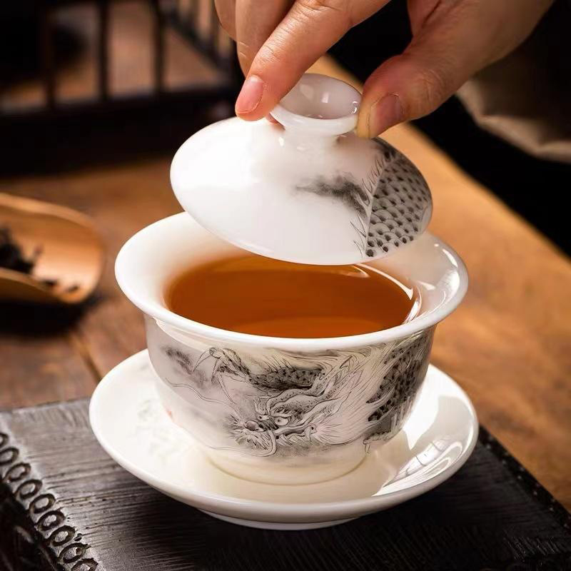 Bộ trà sứ ngọc bích Xu Fukun có nắp, Bộ trà gốm sứ Kung Fu mỏng màu trắng ngọc bích cao cấp có cốc trà bong bóng.