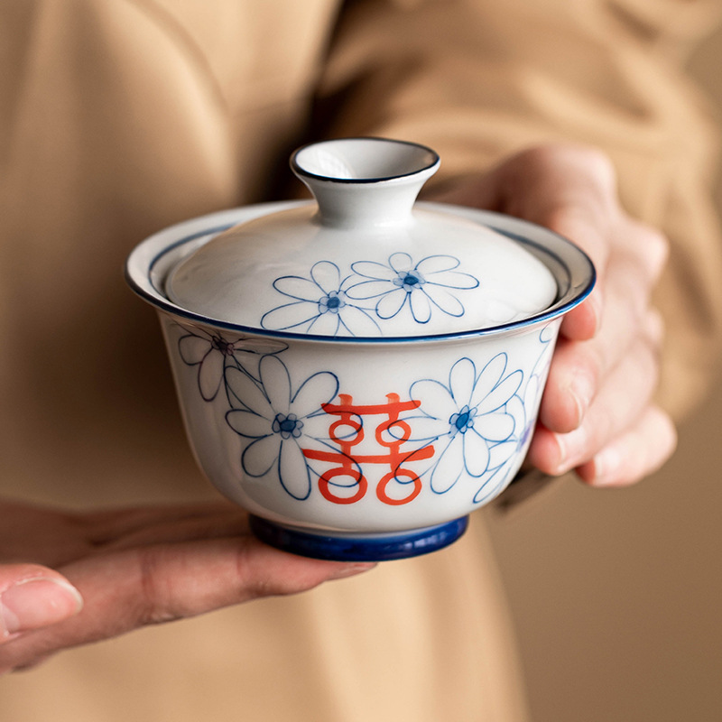 Bát có nắp tinh xảo màu xám thực vật, bát pha trà đôi hạnh phúc cúc họa mi vẽ tay, cốc trà gia dụng có nắp, bộ trà Kung Fu cỡ nhỏ