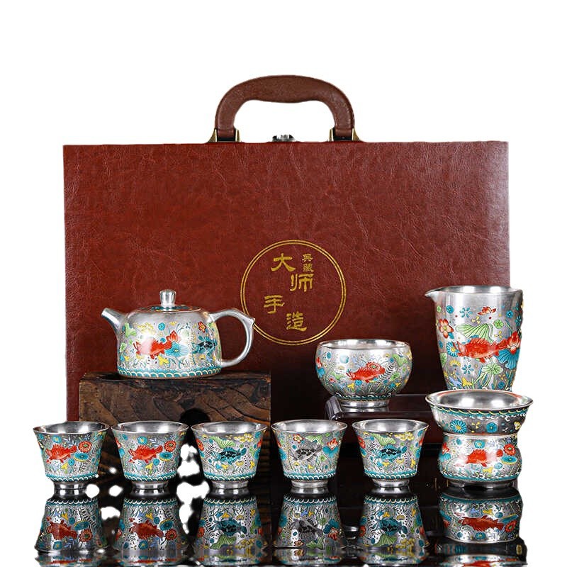 Bộ trà bạc sang trọng nhẹ ấm trà sơn nổi bằng tay bạc nguyên chất 999 có thể lơ lửng bát nắp bộ trà Kung Fu lắp ráp