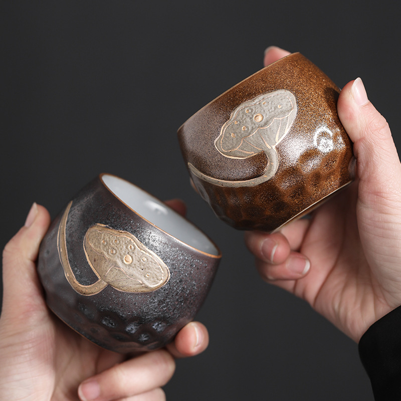 Cốc bốn mùa, cốc trà phù điêu hoa sen, cốc gốm thô cổ điển, cốc đơn 4 cốc, cốc trà lớn, cốc chủ nhân