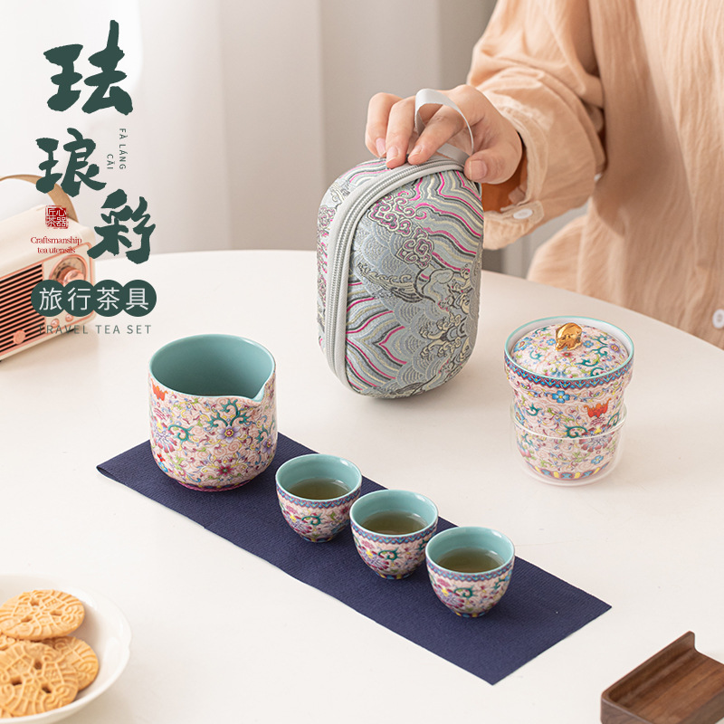 Bộ trà du lịch tráng men phong cách Trung Quốc Bộ trà một ấm ba cốc Bộ quà tặng Bộ pha trà tiện dụng cắm trại