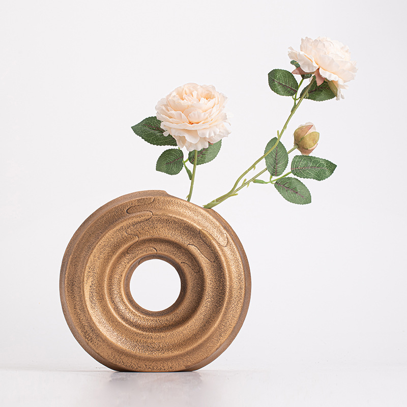Bình bánh rán bình gốm sứ kiểu Trung Quốc mới cắm hoa sáng tạo nhà tròn hoa trang trí mặt bàn phụ kiện