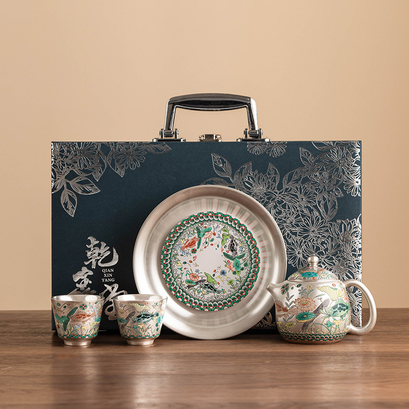 Bộ ấm trà hoa văn tảo và cá mạ bạc 999 nhà máy gửi quà tặng ngày lễ cho người lớn tuổi, giáo viên và cha mẹ