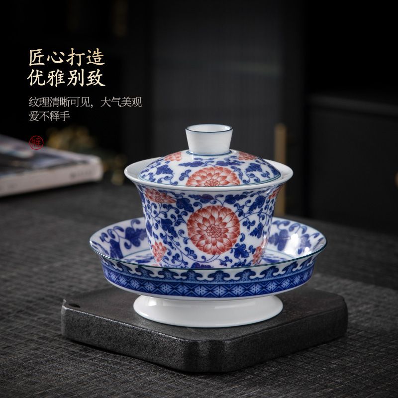 Cao cấp sang trọng nhẹ màu xanh lam sứ lớn bát có nắp ba tài cốc trà dụng cụ pha trà Kung Fu gia dụng bát trà có nắp bán buôn