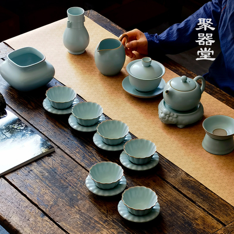 Juqitang Tianqingru lò có thể nâng mở bộ ấm trà Kung Fu bộ lớn bát có nắp gia dụng cốc trà ấm trà hộp quà
