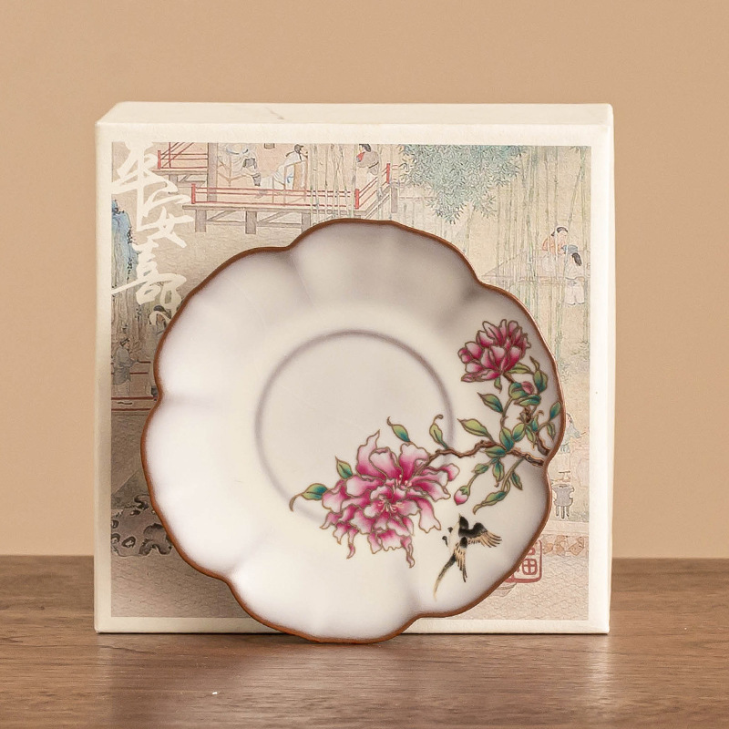 Lót cốc miệng hoa Ru Lò, thạch mỡ lợn, hoa mẫu đơn, tấm cách nhiệt chống trượt, cốc trà sứ Ru tinh tế, phụ kiện trà đạo, tấm trà