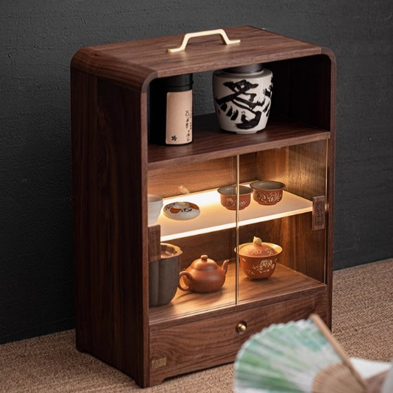 Tủ đựng đồ để bàn đa năng gỗ óc chó, tủ đựng đồ chống bụi gia dụng, đồ trang trí phòng trà, giá để đồ bộ trà
