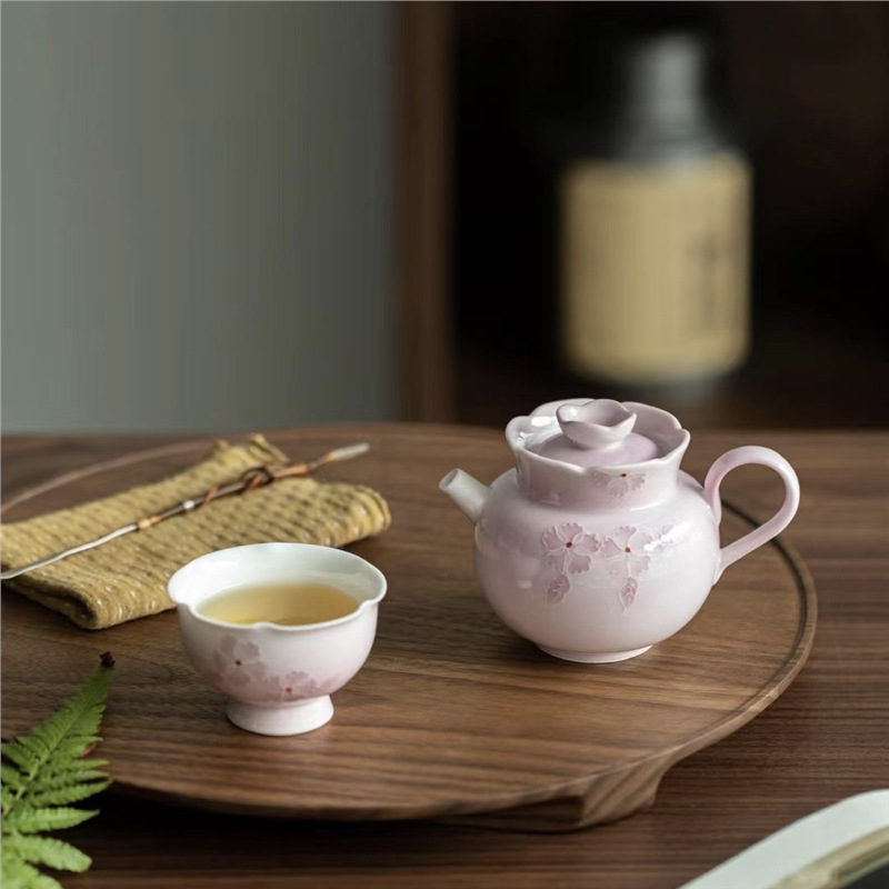 Sản phẩm mới gia công gia cố màu hoa anh đào tráng men màu vẽ tay ấm trà nhiệt độ cao cốc trà nắp bát bộ trà kung fu quà tặng