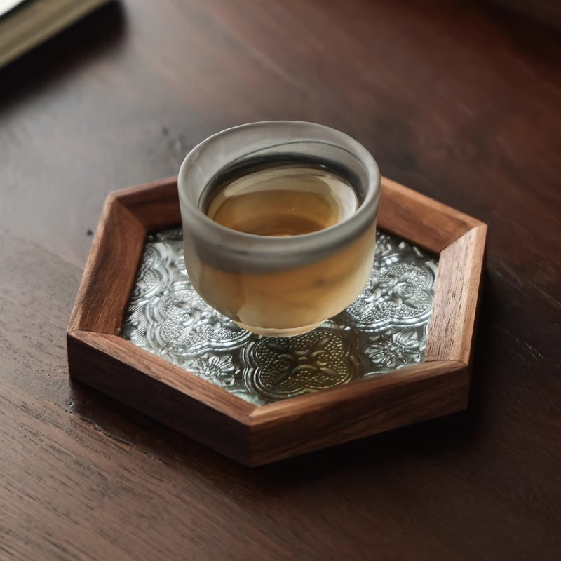 Tấm lót ly thủy tinh hoa Thu hải đường, tấm cách nhiệt lục giác, Tấm Lót ly trà sáng tạo, Tấm Lót ly, phụ kiện trà đạo