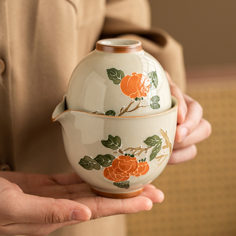 Vẽ tay hồng hồng Ruyi Kuaike tách bộ trà du lịch di động cắm trại ngoài trời bộ trà di động đóng gói du lịch