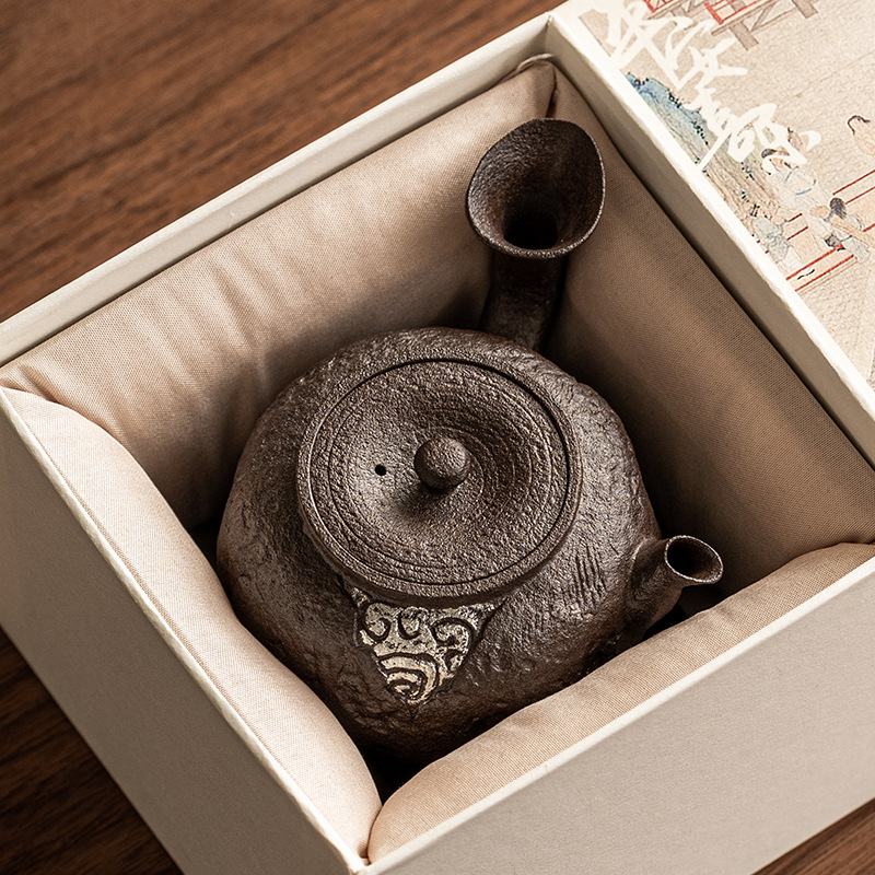 Ấm tay cầm bên mặt trăng lưỡi liềm màu bạc gốm cũ ấm trà cổ điển pha trà dụng cụ trà Kungfu gia dụng có lọc ấm đơn dung tích lớn