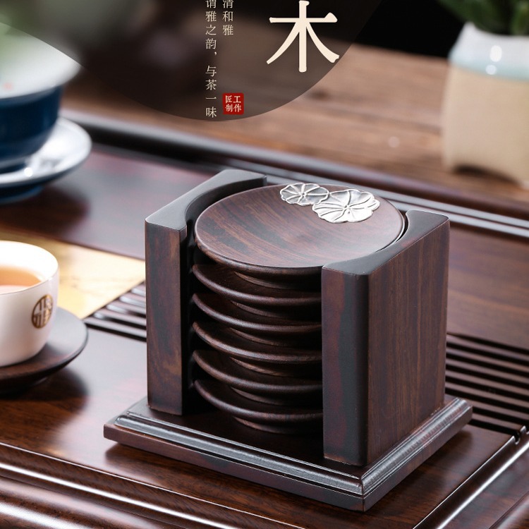 Tấm lót tách trà gỗ nguyên khối bằng gỗ Đàn hương đen, Tấm Lót tách trà, tấm cách nhiệt, tấm lót bát, Tấm Lót Bộ trà Kung Fu, Tấm Lót trà, hình tròn 6 miếng