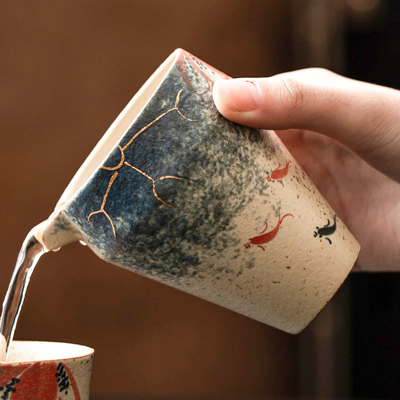 Cốc công bằng gốm sứ đỏ đá lửa trắng xanh tinh khiết vẽ tay vàng hoa sen trà cá koi biển phụ kiện trà Kung Fu dụng cụ pha trà