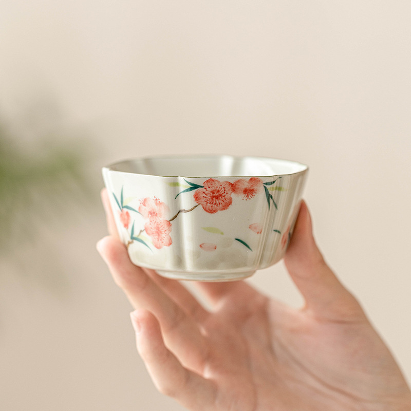 Cốc chủ nhân vẽ tay hoa đào cốc đơn gốm sứ Dehua cốc trà cá nhân cốc trà Bộ trà cao cấp đơn cốc trà nhỏ