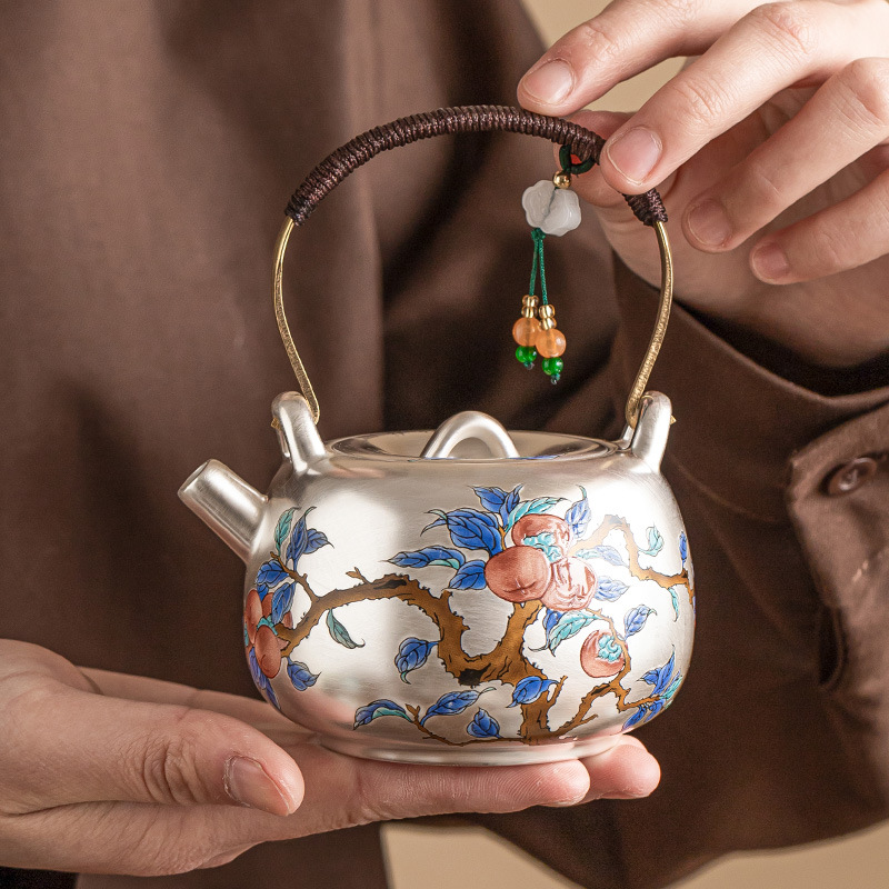 Ấm trà mạ bạc Guofeng 999, ấm trà cầm xà nâng hồng Ruyi, ấm trà chống bỏng gốm sứ, quà tặng gia dụng cao cấp