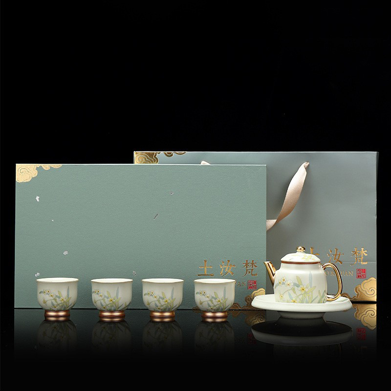 Bộ ấm trà Ru Kiln cao cấp, một ấm bốn cốc sứ Ru, bất ngờ cho người lớn tuổi, bán buôn quà lưu niệm công sở của mẹ cô giáo
