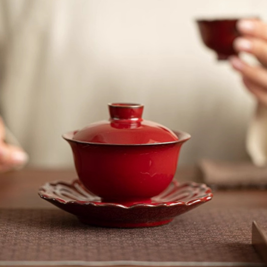 Zhuang Chuiren quặng thô bào thai sắt Tử Cấm Thành màu đỏ hình hoa sen tám cánh ba chỉ có nắp bát gốm sứ pha trà chén trà