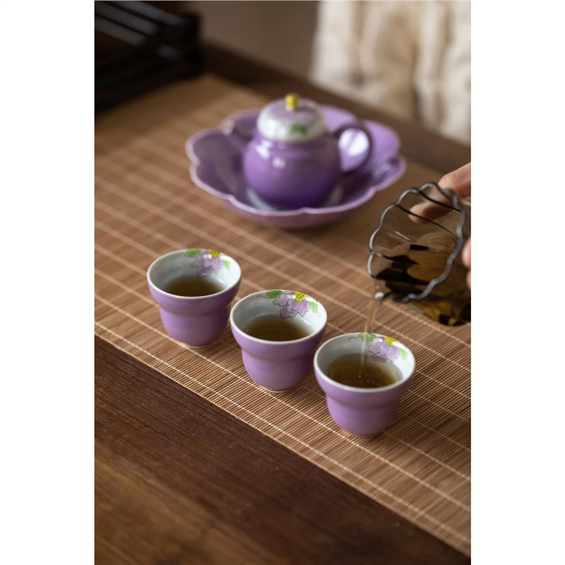 Bộ ấm trà chữ nhỏ màu tím vẽ tay Bộ ấm trà Kung Fu ấm trà gốm sứ nhẹ sang trọng trọn bộ văn phòng nữ cao cấp
