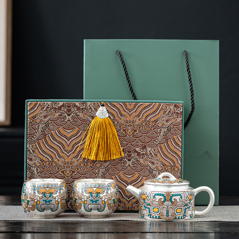 Bộ ấm chén trà Kung Fu bạc mạ vàng 999, bộ ấm trà cao cấp sáng tạo dành cho người lớn tuổi và khách hàng